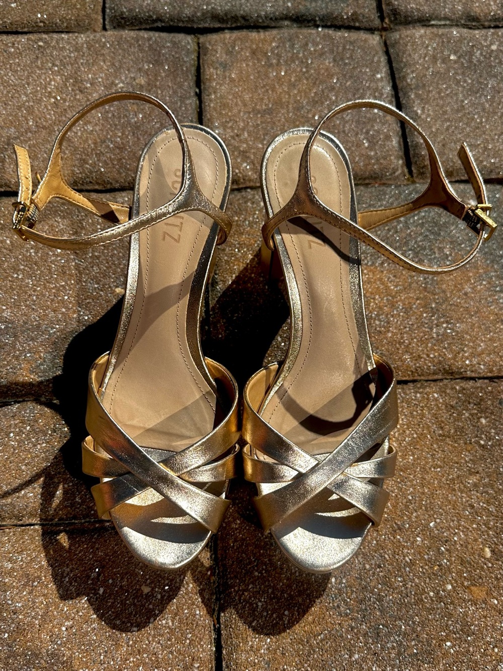 SCHUTZ Metallic Gold Crisscross Ankle-Strap Platform Sandals